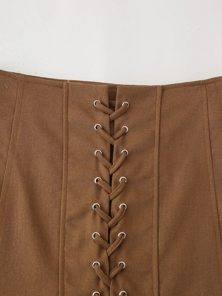 Nattie Wood Brown  Front Lace Up Mini Skirt