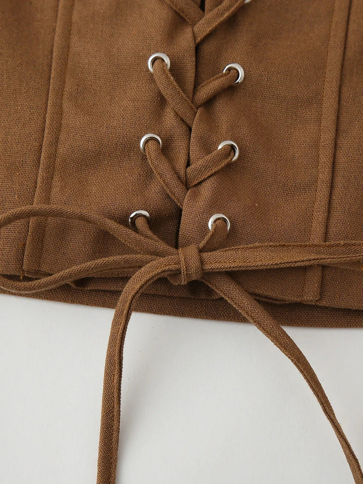 Nattie Wood Brown  Front Lace Up Mini Skirt