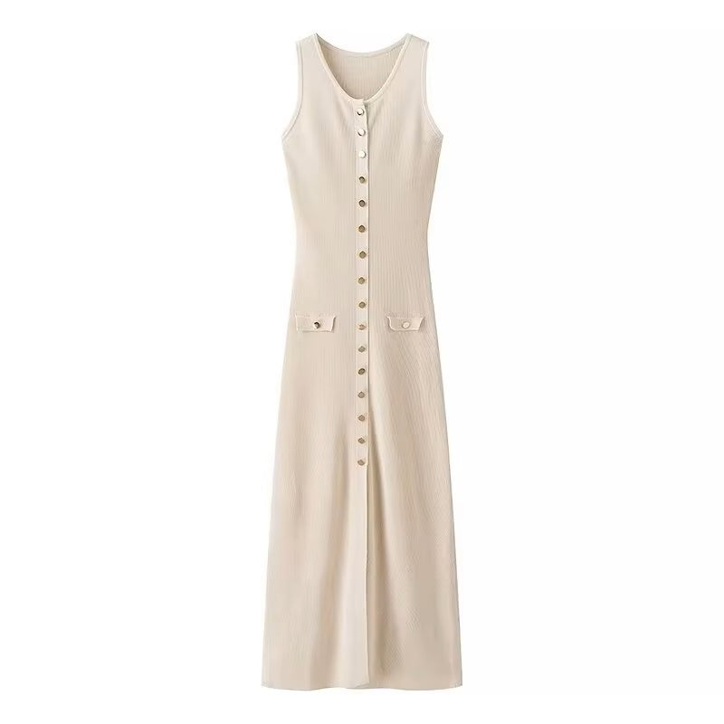 Ventura Beige Button Closure Single-Breasted Knitted Midi Dress