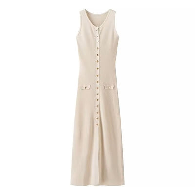 Ventura Beige Button Closure Single-Breasted Knitted Midi Dress