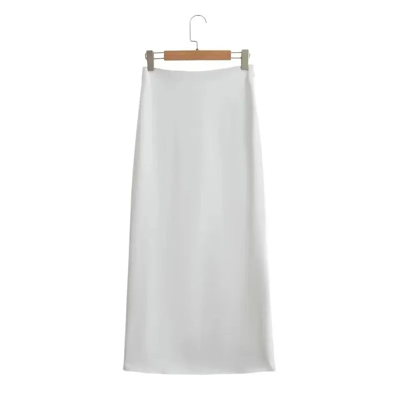 Evren Grey Satin Zipper Fly Midi Skirt