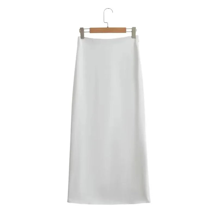 Evren Grey Satin Zipper Fly Midi Skirt