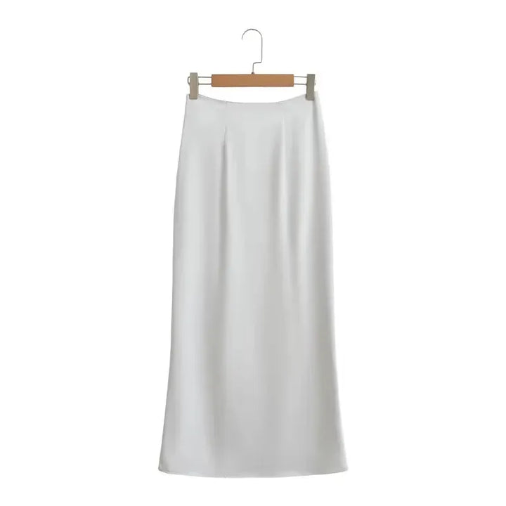 Evren Grey Satin Zipper Fly Midi Skirt