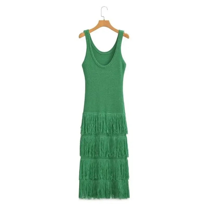 Rowella Green Round Neck Layer Fringe Knitted Top Sleeveless Midi Dress