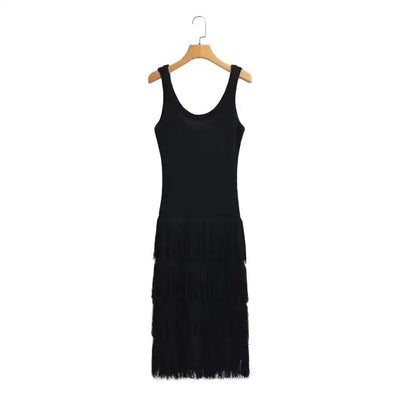 Rowella Black Round Neck Layer Fringe Knitted Top Sleeveless Midi Dress