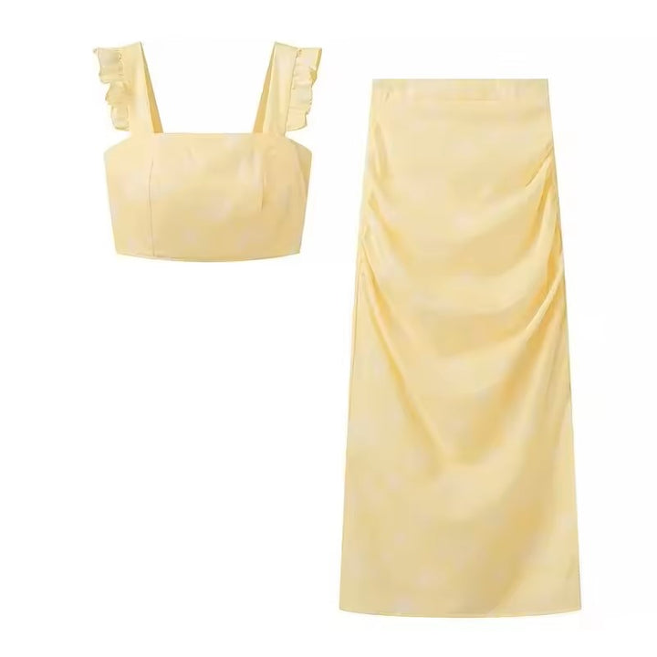 Ellerslee Pastel Yellow Autumn Print Chiffon Top Midi Skirt Set