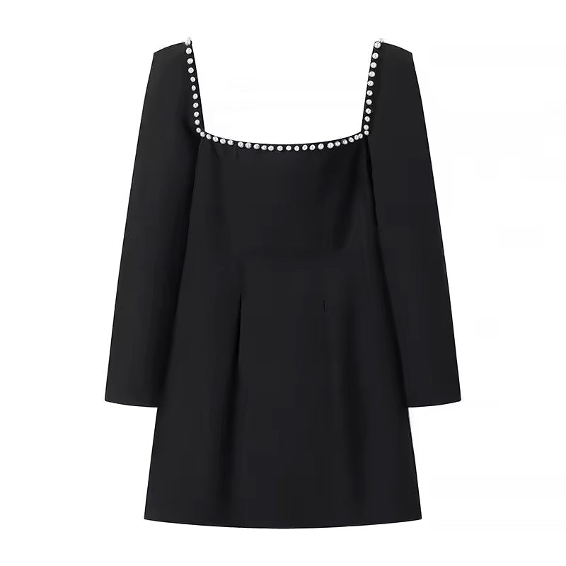 Malva Black Square Neck Beaded Long Sleeve Mini Dress