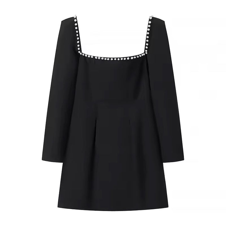Malva Black Square Neck Beaded Long Sleeve Mini Dress