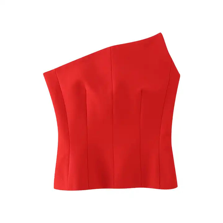 Ayna Red Asymmetrical Neckline Lined All Over Side Zipper Tube Top