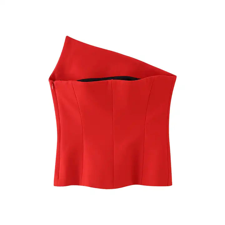 Ayna Red Asymmetrical Neckline Lined All Over Side Zipper Tube Top