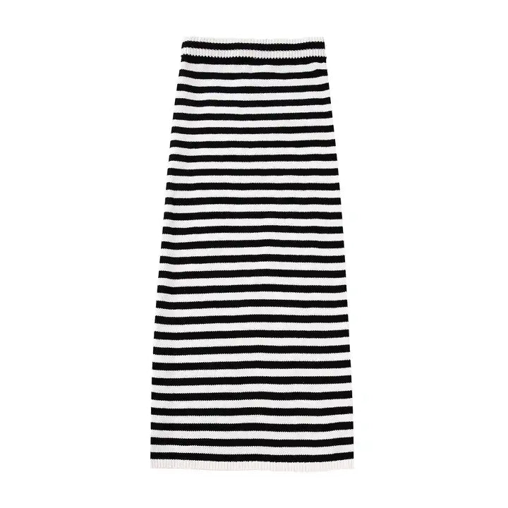 Libby Black and White Stripes Elastic Waist Knitted Midi Skirt