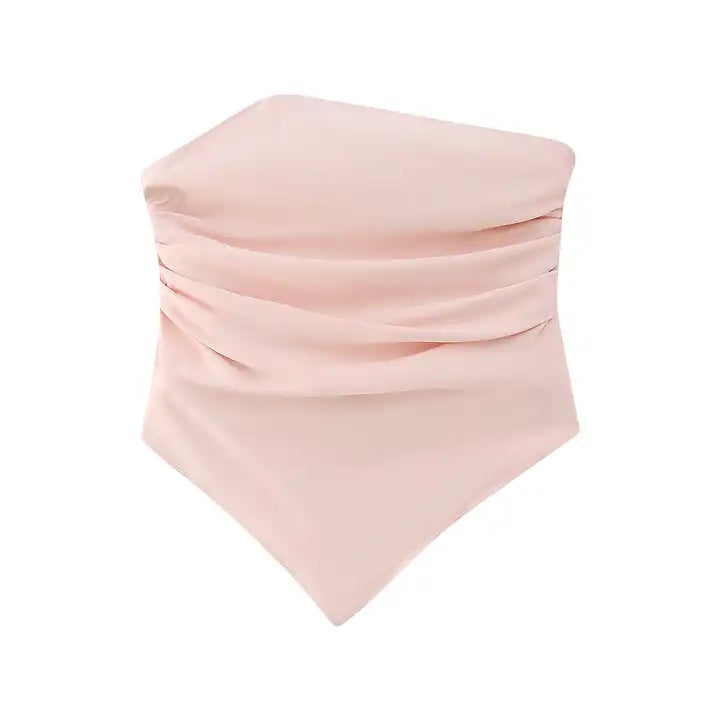 Kreshya Pink Asymmetrical Neckline Pleated Side Zipper Tube Top