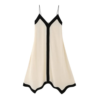 Avi White with Black Edges V Neck Adjustable Spaghetti Strap Midi Dress