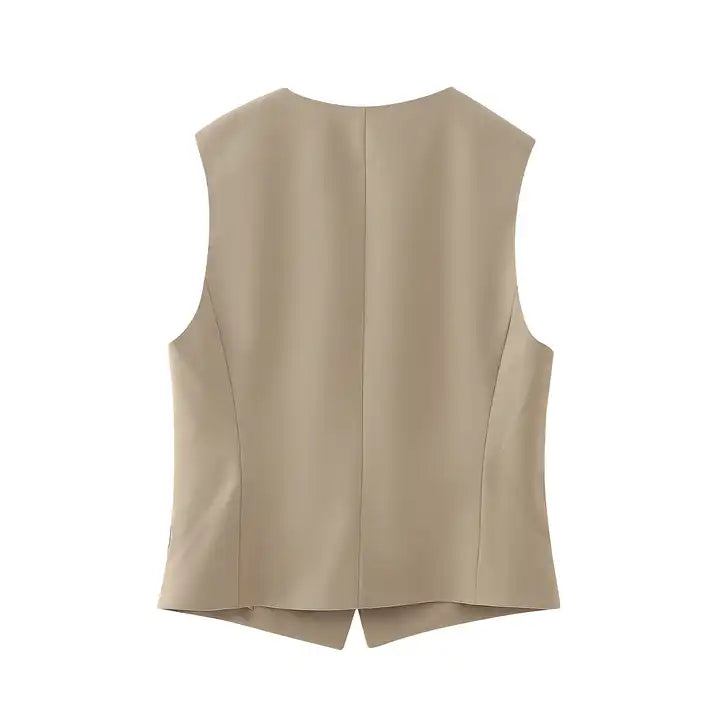 Kimi Khaki V Neckline Button Sleeveless Vest Top