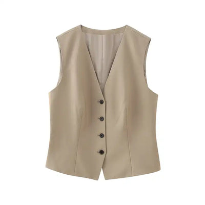 Kimi Khaki V Neckline Button Sleeveless Vest Top
