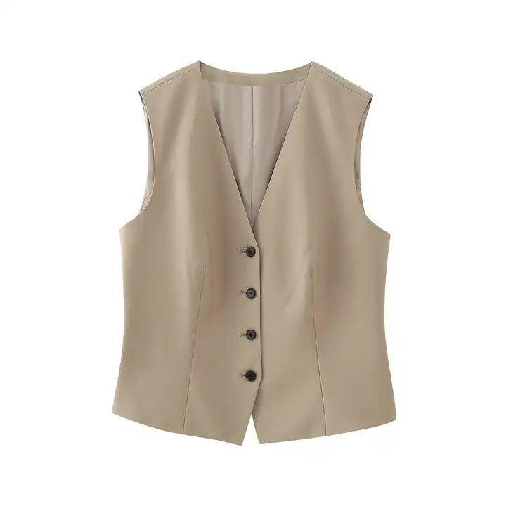 Kimi Khaki V Neckline Button Sleeveless Vest Top