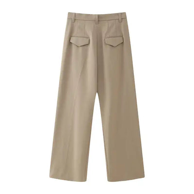 Kennie Khaki Zipper Fly Pleated Full Length Trouser Pants