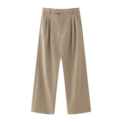 Kennie Khaki Zipper Fly Pleated Full Length Trouser Pants