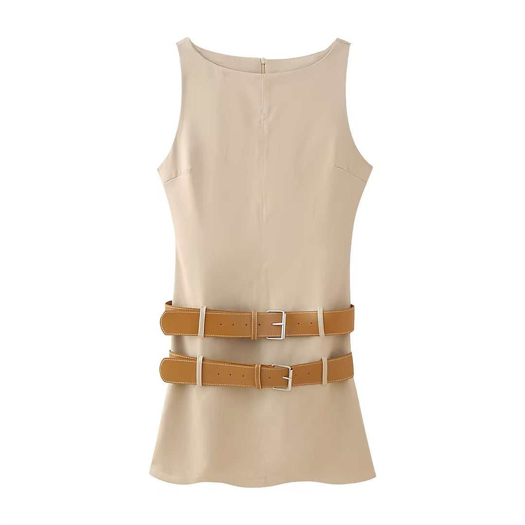Dardrane Beige Sashes Boat Neck Neck Mini Dress