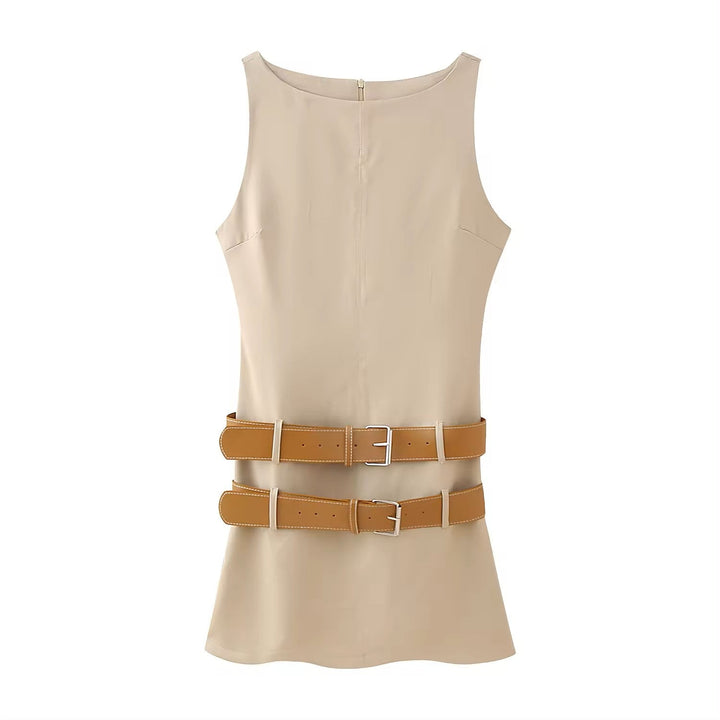Dardrane Beige Sashes Boat Neck Neck Mini Dress