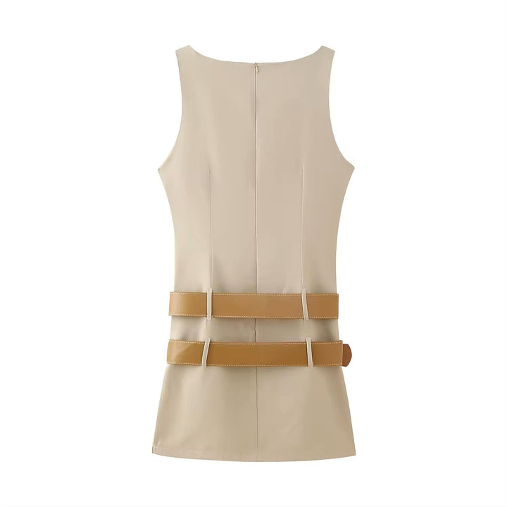 Dardrane Beige Sashes Boat Neck Neck Mini Dress