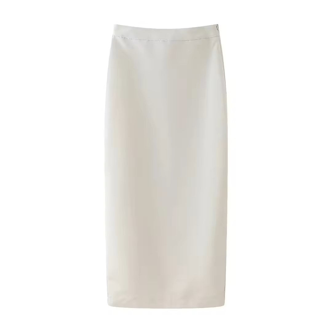 Narelle Beige Zipper Fly Back Slit Midi Skirt