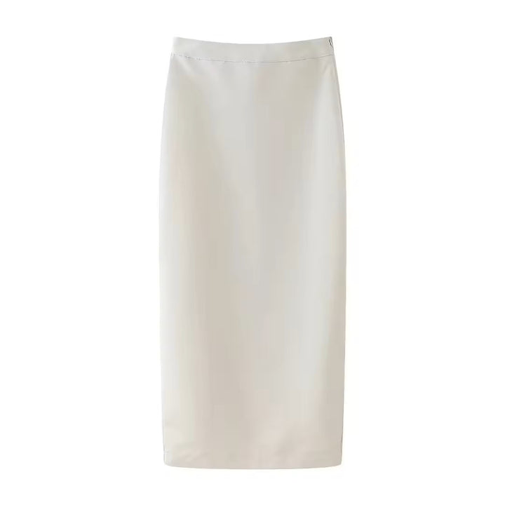 Narelle Beige Zipper Fly Back Slit Midi Skirt