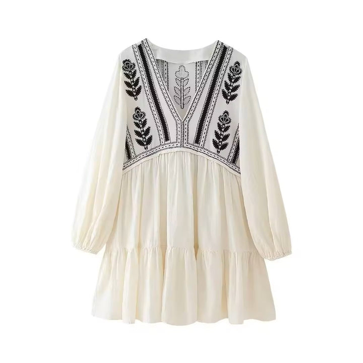 Louisiana White Contrasting Embroidery V-neck Elastic Cuffs Mini Dress