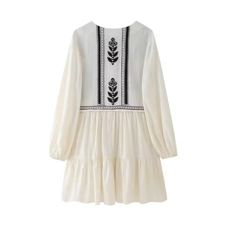 Louisiana White Contrasting Embroidery V-neck Elastic Cuffs Mini Dress