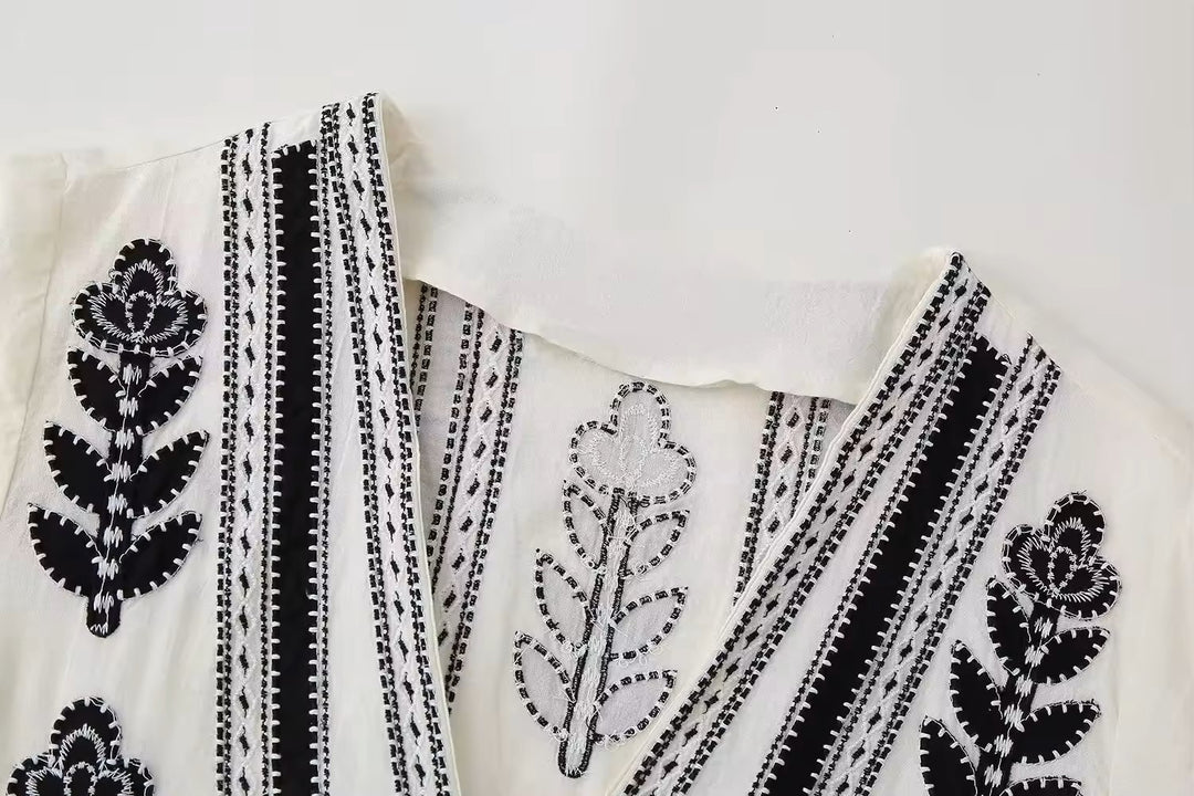 Louisiana White Contrasting Embroidery V-neck Elastic Cuffs Mini Dress