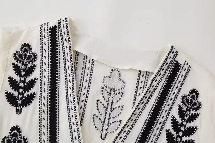 Louisiana White Contrasting Embroidery V-neck Elastic Cuffs Mini Dress