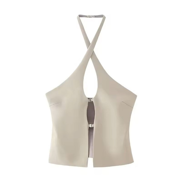 Laverna Beige Buckled Closure Halter Neck Back Hollow Out Tank Top