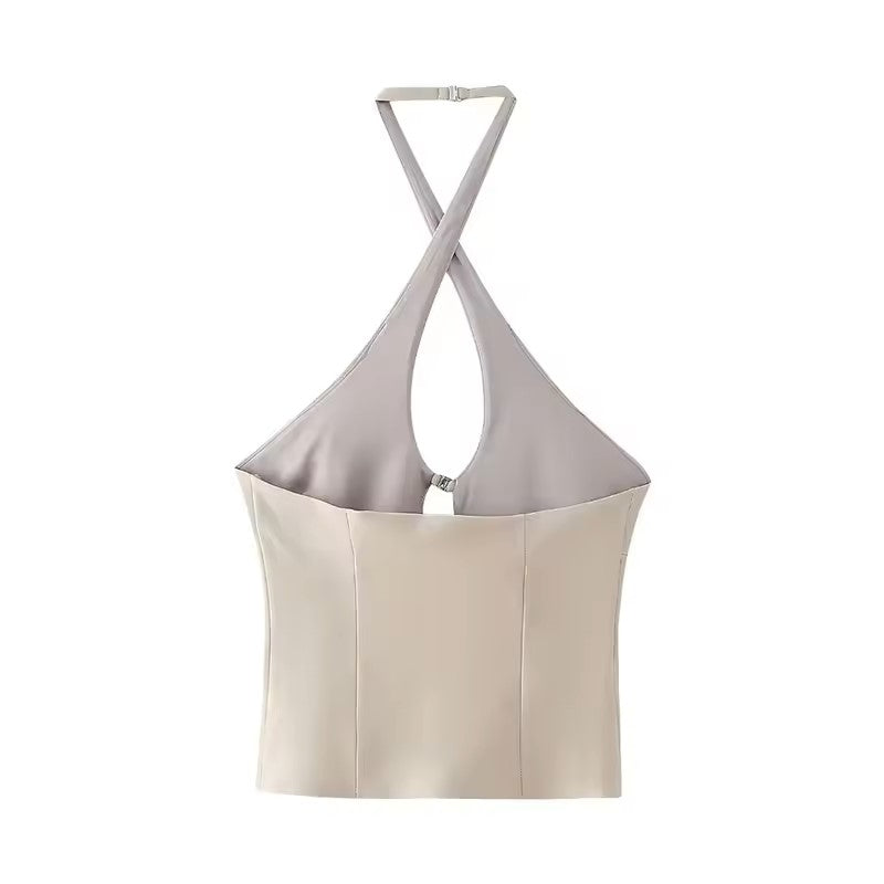 Laverna Beige Buckled Closure Halter Neck Back Hollow Out Tank Top
