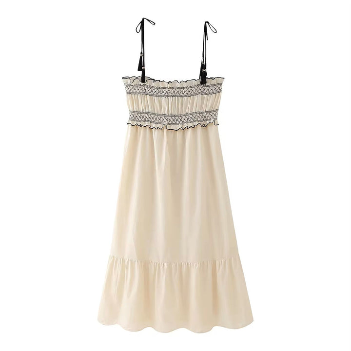 Sativa Beige Embroided Smocked Midi Dress