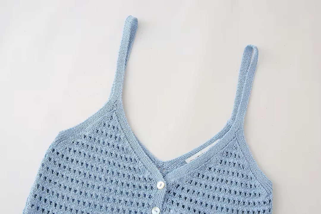 Topaz Powder Blue Buttons Up Eyelet Crop Tank Top