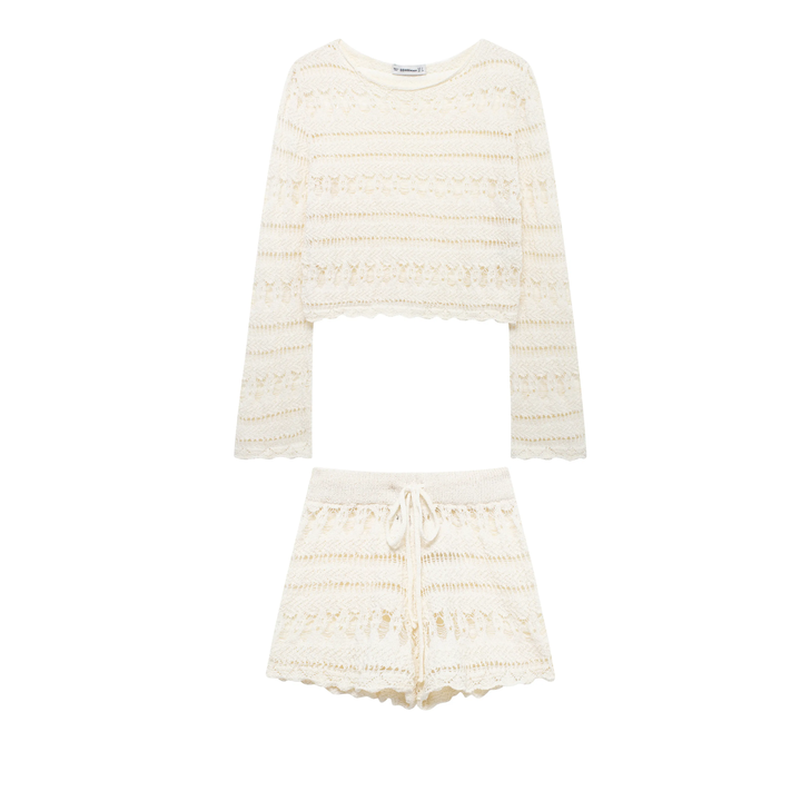 Hinata Beige Drawstring Waist Eyelet Knitted Shorts