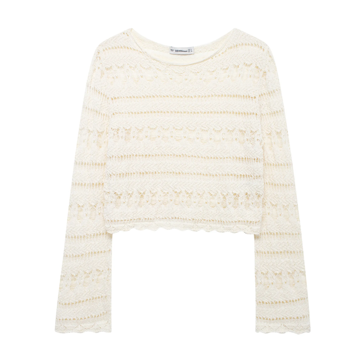 Haruto Beige Eyelet Crew Neck Long Sleeve Knitted Pullover Sweater