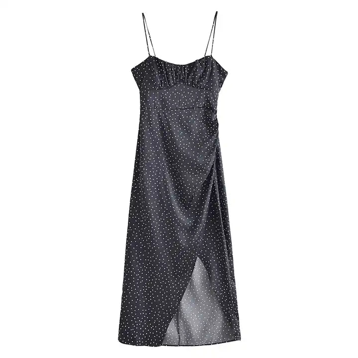 Zinnia Black Polka Dot Print Ruched Bust Front Slit Sleeveless Midi Dress