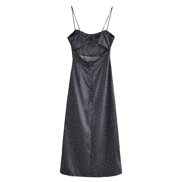 Zinnia Black Polka Dot Print Ruched Bust Front Slit Sleeveless Midi Dress