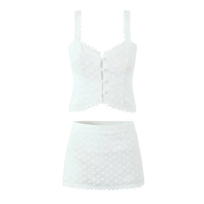 Abbot White Floral Embroidery Button Closure Tank Top Mini Skirt Two Pieces Set