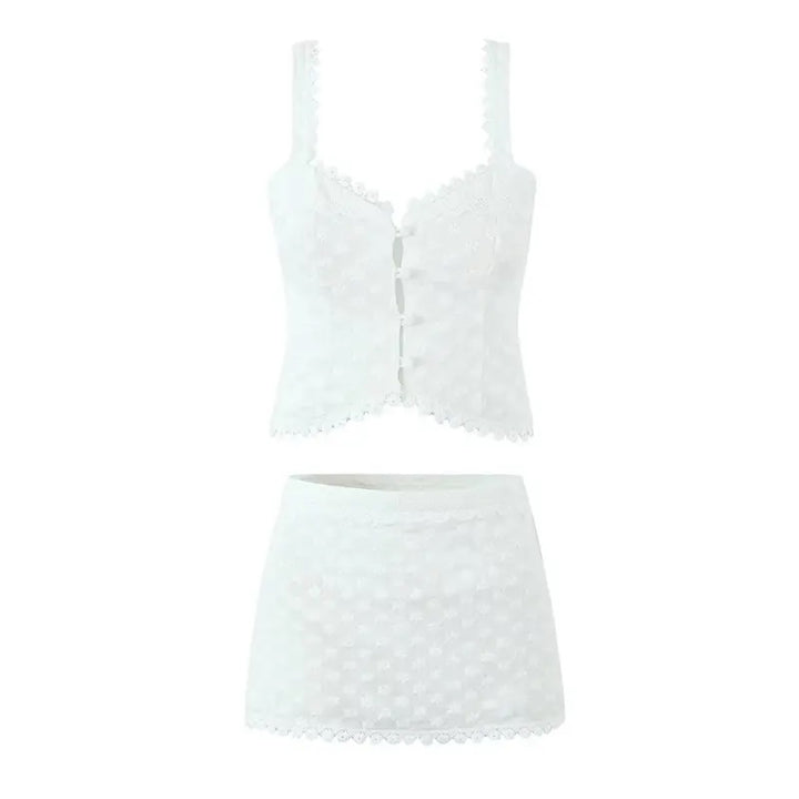 Abbot White Floral Embroidery Button Closure Tank Top Mini Skirt Two Pieces Set