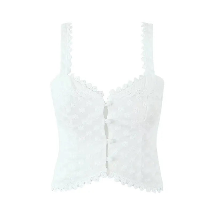 Abbot White Floral Embroidery Button Closure Tank Top Mini Skirt Two Pieces Set