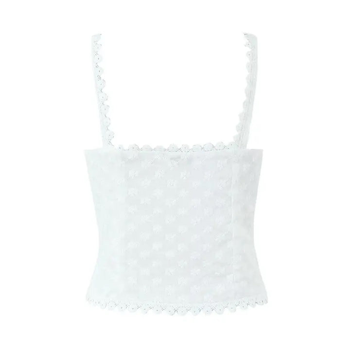 Abbot White Floral Embroidery Button Closure Tank Top Mini Skirt Two Pieces Set