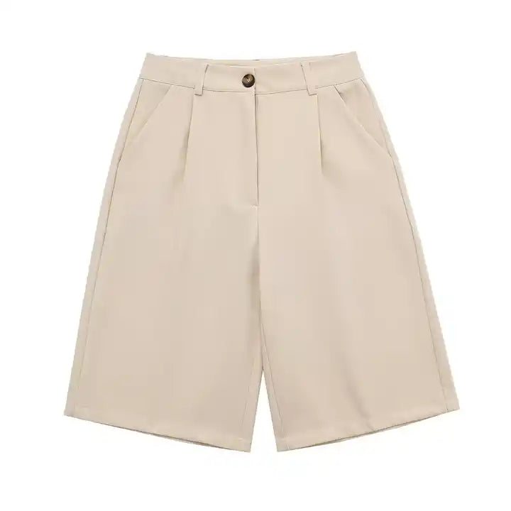 Gleesy Beige Zipper Fly with Side Pockets Pleated Casual Shorts