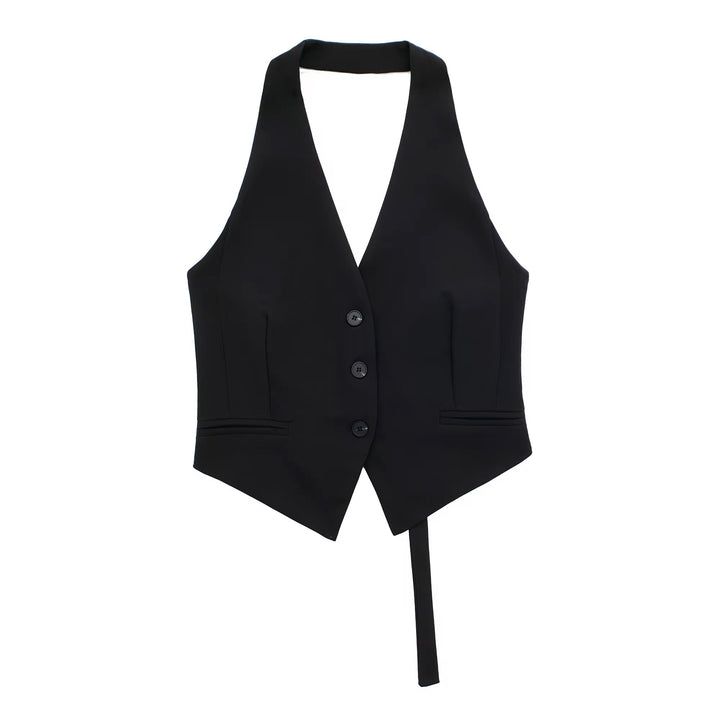 Xylina Black Back Hollow Out Buttons up Halter Vest