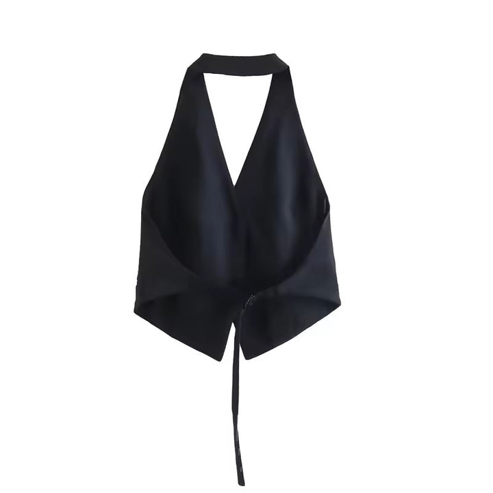 Xylina Black Back Hollow Out Buttons up Halter Vest