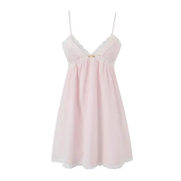 Sofithia Pastel Pink Lace V Neckline Adjustable Strap Sleeveless Mini Dress