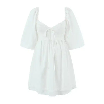 Kiszah White Lace V Neck Shaped Bust Self Tie Back Short Sleeves Mini Dress