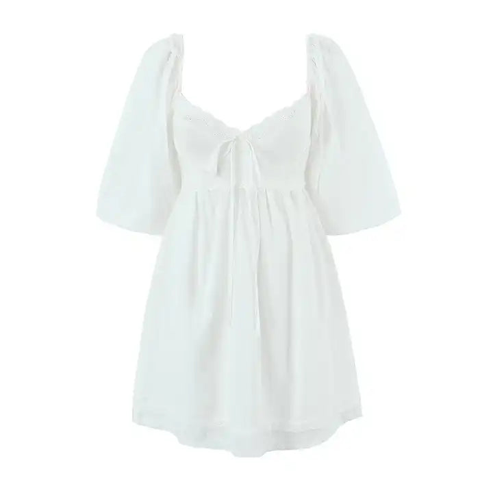Kiszah White Lace V Neck Shaped Bust Self Tie Back Short Sleeves Mini Dress