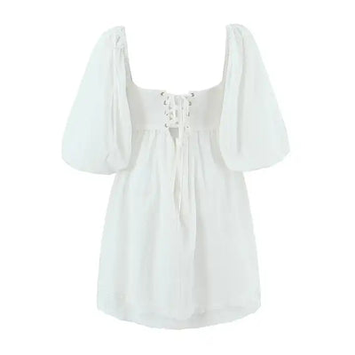 Kiszah White Lace V Neck Shaped Bust Self Tie Back Short Sleeves Mini Dress